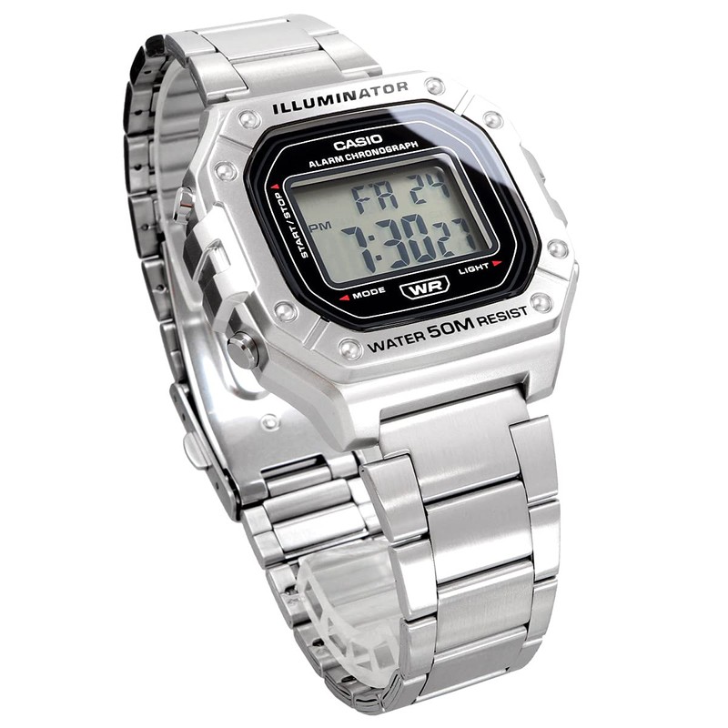 Casio W-218HD-1AV Standard Digital Watch, Men's Chippukashi, Metal Band, Silver,