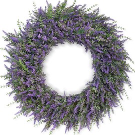 32'' Large Eucalyptus and Lavender Wreath for Front Door, Porch, Window- Artificial Eucalyptus Leaves with Lavender Wreath for Home, Farmhouse Wall Decor- Spring, Summer, Fall, All Seasons (Purple)