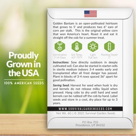 Golden Bantam Sweet Corn Seed for Planting - 3 Packs with Instructions for Growing - Grow Yellow Corn Outdoors in The Vegetable Garden - Untreated Non-GMO Heirloom Sweetcorn - Survival Garden Seeds