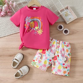 Ayzozuy Kid Toddler Girl Clothes Summer Rainbow & Floral Print Tee & Shorts 2PC Girls Summer Short Set(4-5T)