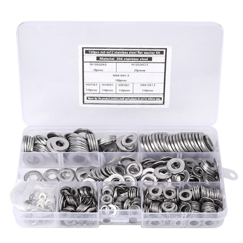 720Pcs Flat Washer Kit 304 Stainless Steel Silver Spring Gasket