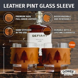 Oowee Genuine Leather Sleeve & Rocks Glasses - Set of 2 | 9.6 oz Whiskey Glasses & Old Fashioned Glasses | Great Gift for Men - Sleeve Made in the USA - Pine Trees
