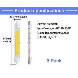 CTKcom 118mm/4.65In R7S LED Bulb (3 Pack) 120V 15W Warm White 3000K T3 J Type Halogen Bulb Replacement 150W Halogen Bulb Equivalent Double Ended