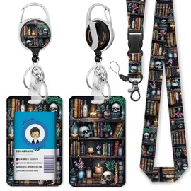 Goth Lanyards for ID Badges, Badge Holder Retractable Reel Clip Funny Skull Gothic, Witchy Skeleton Bookshelf ID Holder Carabiner Keychain Name Tag Protector Teacher Women Doctor Office Gift