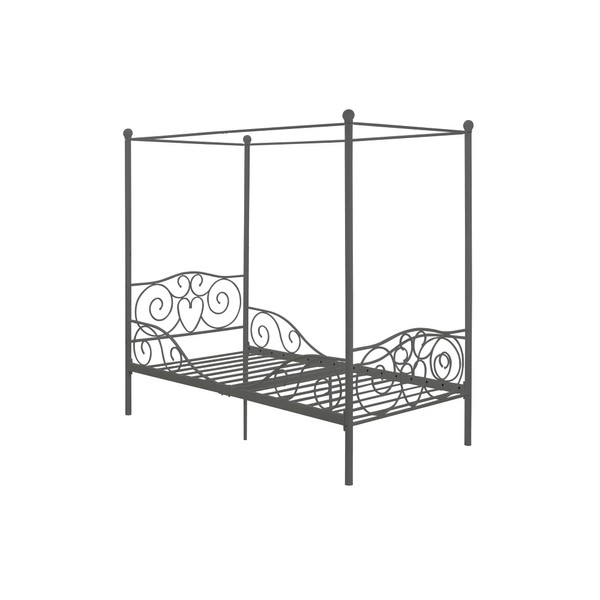 DHP Metal Canopy Kids Platform Bed with Four Poster Design, Scrollwork Headboard and Footboard, Underbed Storage Space, No Box Sring Needed, Twin, Pewter