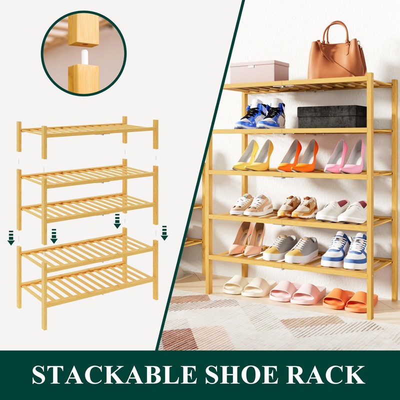 Smiry Shoe Rack, 3 Tier Thick Bamboo Shoe Organizer, Stackable