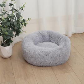Cat Beds for Indoor Cats Round Anti Anxiety Dog Bed Washable, Fluffy Round Pet Bed Non-Slip, Calming Soft Plush Donut Dog Beds Fits up to 45 lbs Pets (Light Grey, 30" x 30")