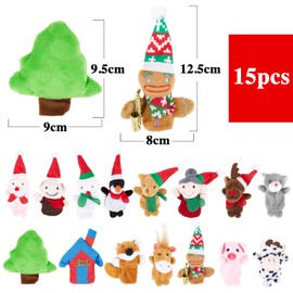 Pack of 15 Christmas Finger Puppets Set Plush Toy Fabric Dolls with Santa Claus Snowman Gingerbread Man Animals and Other Different Patterns Hand Puppet for Christmas Party Bag Gift etc.