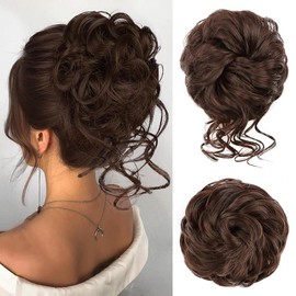 Vigorous Messy Bun Hair Piece for Women - 2PCS Synthetic Hair Pieces with Tousled Updo Hair Buns & Wavy Curly Texture Scrunchies Chignon Ponytail  - Easy to Wear & Versatile for Daily Use:_8L# Medium Chestnut Brown