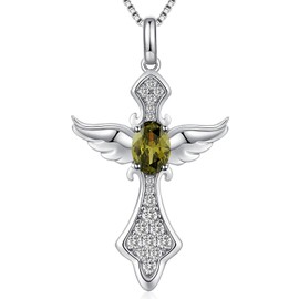 Jiahanzb Birthstone Angel Wing Cross Necklace 925 Sterling Silver Cross Pendant with Colourful Birthstone 12 Months, CZ Diamond Cross Jewellery for Women Birthday Gift, Sterling Silver