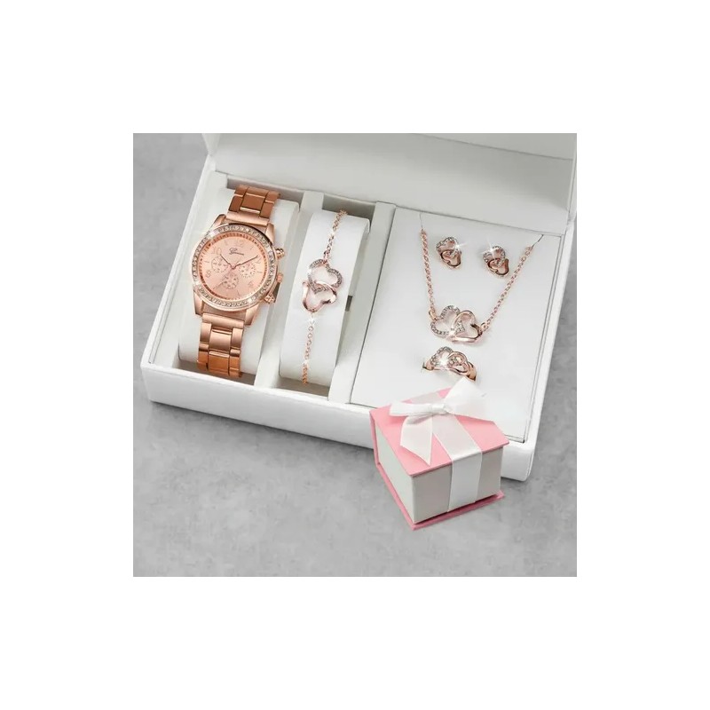 Set Regalo Mujer Reloj Collar Anillo Aretes Oro Rosa Rose