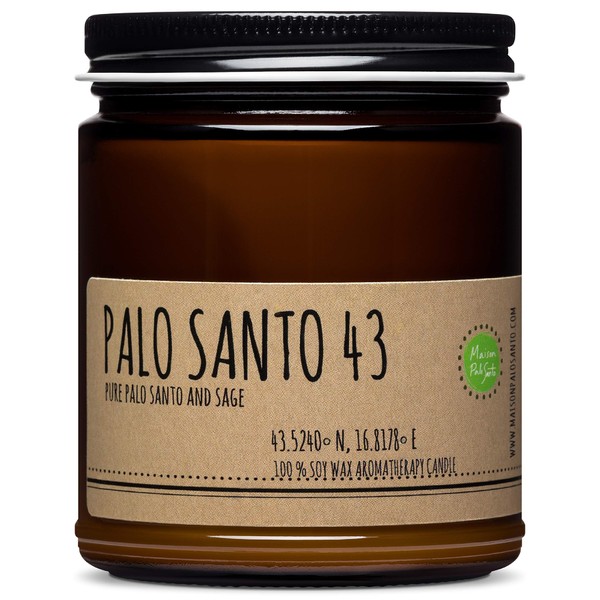 Maison Palo Santo Palo Santo from Ecuador and Greek Sage Essential Oils Aromatherapy Natural Soy Wax Candle for Home Cleansing Blessing Handcrafted in USA 9oz Gift Ready Free Palo Santo Included.