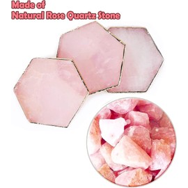 Yougoals Hexagon Rose Quartz Coasters for Drinks Set of 4, 3.5-4" Pink Natural Stone Coaster with Gold Rim,Crystal Coasters for Home Decor Agate Coaster Geode for Coffee Table