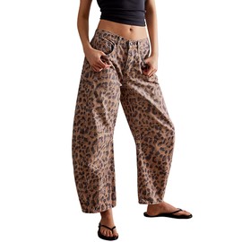Kedera Women's Baggy Wide Leg Jeans Barrel Horseshoe Boyfriend Cropped Leopard Printed Denim Pants