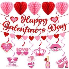 Galentines Day Party Decorations, Happy Galentine's Day Banner with Hanging Swirls Heart Honeycomb Balls Red Glitter Heart Garland Banner for Girls Ladies Valentines Day Galentines Theme Party Decor