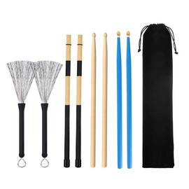 Drum Sticks 2 Pair 5A Maple Wood Drum Sticks,1 Pair Retractable Drum Wire Brushes and 1 Pair Rods Drum Brushes set for Kids, Adults, Rock Band, Jazz Folk Students with Portable Storage Bag