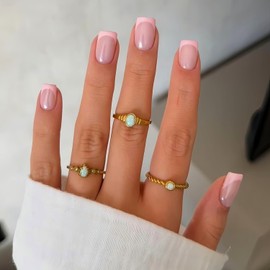 KQueenest 30 Pcs Light Pink French Tip Press on Nails Short Square Nails Press ons, Natural Nude Fake Nails Acrylic, Classic Glue on Nails Short Coffin, Gel French Nails for Women DIY Manicure