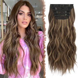 FESHFEN Clip in Hair Extensions 4PCS Honey Blonde Mixed Light Brown Thick Highlight Hair Piece Long Wavy Clip in Extensions Full Head Synthetic Fiber Hairpieces for Women, 20 Inches 180g