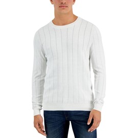 Alfani Mens Cotton Striped Crewneck Sweater Ivory S