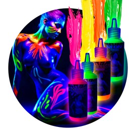 4 Pinturas Neón Lavables Luminosas con Luz Negra Body Paint Colores Maquillaje Facial Makeup Brillante Grupo Carnavallia