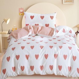 Gohytal Bed Linen 135 x 200 cm, Light Pink Hearts Aesthetic Bed Linen Hearts with Zip Microfibre Clean Girl Bed Linen Heart Motif Duvet Cover Set Birthday Gifts for Girls Women