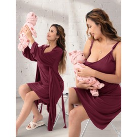 SUNNYBUY Women's Nursing Nightgown Maternity Robe Set, 3 in 1 Labor Delivery Breastfeeding Dress Postpartum Sleepwear, Burgundy M