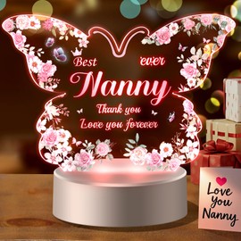 Yaleesgiff Gifts for Nanny, Butterfly Acrylic Night Light Nanny Gifts, Mothers Day Gifts for Nanny Presents for Nanny, Birthday Gifts for Nanny, Best Nanny Ever- Thank You Love You Forever
