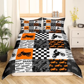 Dirt Bike Duvet Cover Twin Size Racing Motorcross Rider Bedding Set Black Grey Orange Plaid Patchwork Comforter Cover 2pcs Kids Boys Teens Men Room Decor Fashion Modern Quilt Cover,1 Pillowcase
