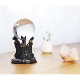 Kino Triple Egyptian Bast Bastet Cats Crystal Sphere Ball Stand Display Base Holder Resin Figurines Statue Home Decoration for 50-55mm Sphere (Bast)