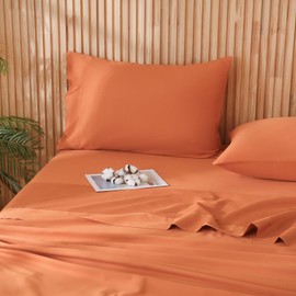 JSD 100% Cotton Sheet Set Queen, Burnt Orange Sateen Sheets, 300 Thread Count Soft Breathable Cooling Sheets Deep Pocket