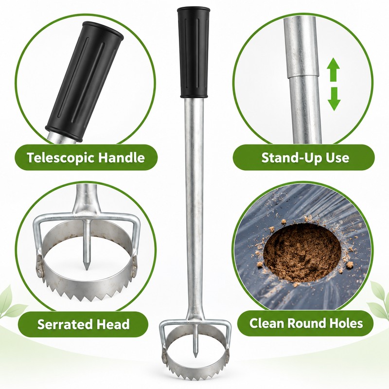 Telescopic Plastic Mulch Film Perforator – 44–75cm Garden Planting Hole