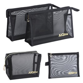 AiQInu Mesh Makeup Pouch, Nylon, 4 Pieces, Mesh Pouch, Mini Cosmetics Storage for Cosmetics and Toiletry Storage, Cosmetic Pouch, For Travel and Business Trips, Makeup Pouch (Black), Black