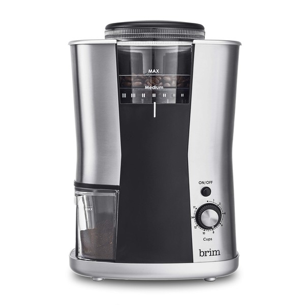 BRIM Conical Burr Coffee Grinder, Uniformly Grinds Beans for 1-17 Cups of Coffee, Features Removable Bean Container, 17 Precise Grind Size Settings, and Convenient Auto Shut Off, Stainless Steel/Black, 250-gram