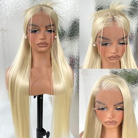 13x6 613 Blonde Lace Frontal Wigs, HD Glueless Synthetic Straight Lace Front Wig Pre-Plucked, Ready to Wear Similar Human Hair 200 Density, 32inch #Blonde