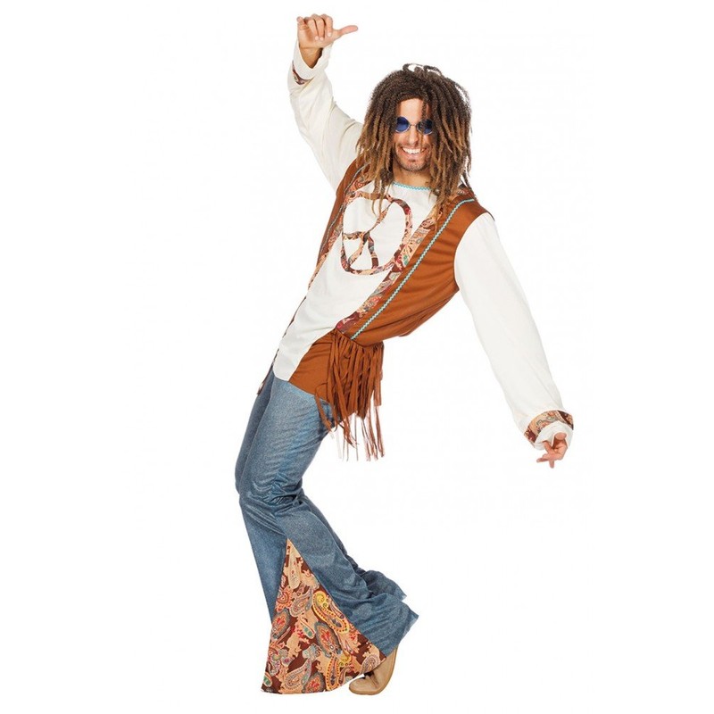 shoperama Hippie Peace Men's Costume with Denim Flares - 60s
