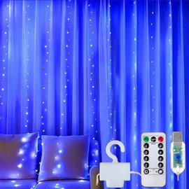 Clearhill 3 * 3Curtain String Lights, 300LED，Blue，8 Modes Fairy Hanging Lights with Remote & Timer, USB Operated, Waterproof for Indoor/Outdoor Decorations - Bedroom, Wedding, Party