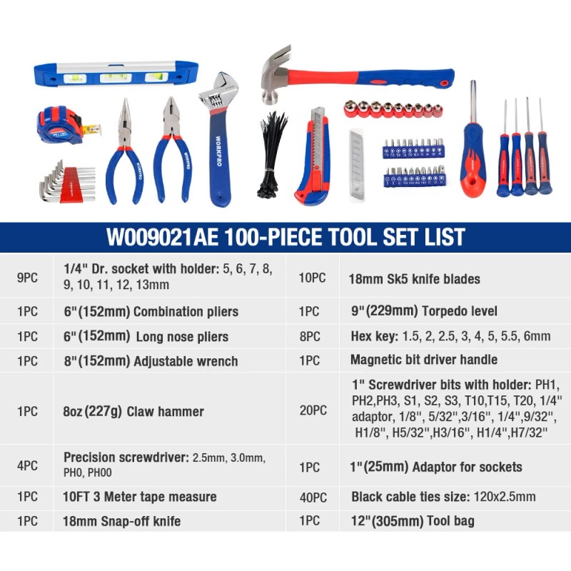 Workpro 100PC Home Tool Kit Kitchen Drawer Household Hand Tool
