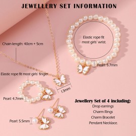 VYYU Girls Jewellery Set of 4 - Beautiful Pearl Earrings/Rings/Bracelet/Necklace for Kids, Cute White Butterfly Charm Jewellery Gift for Little Girls, Christmas Birthday Gifts for Daughter Niece