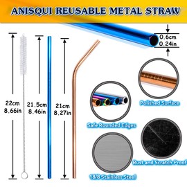 Set of 8 Reusable Metal Straws and Cleaner, 8.5'' Coloured Stainless Steel Straws Reusable, (4 Straight + 4 Bent + 2 Brushes Reusable Straws Drinking) by AniSqui
