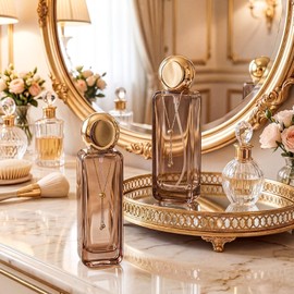Gandeer 4 Pcs 4oz Luxury Glass Bottles with Pump Glass Toner Bottle with Gold Chain Perfume Spray Bottle Travel Lotion Vial with 2 Plastic Pump Head 2 Spray Head for Cosmetic Toner(Brown)