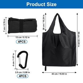 Pack of 4 Foldable Shopping Bags with Carabiner for Shopping Reusable Shopping Bags, 56 x 43 cm Environmentally Friendly Shopping Bags, Washable Shopping Bag, Black, Shopping Bag Durable / Lightweight