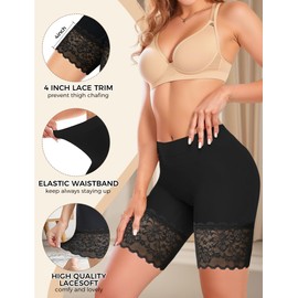ZENUTA 1-3 Pack Lace Slip Shorts for Women Under Dresses, Seamless Anti Chafing Shorts Summer (Black,L)