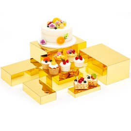 Leinuosen 6 Pcs Large Buffet Risers, 7 to 12 Inch Catering Dessert Table Risers Food Decorative Stands with hollow bottom for Catering Supplies, Party(Gold, Rectangle)