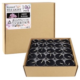 4 Hour Scented Tealight Candles 100 Pack, Cherry Blossom Votive Candles Set for Home Scented, Fragrance Candle for Restaurant Dinner Weddings Baby Showers（Black）