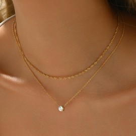 NONAMOIS 18K Gold Plated Twisted Singapore Chain Choker Necklace for Women Dainty Gold Layering Solitaire Cubic Zirconia Pendant Necklace Set Stainless Steel Non Tarnish Jewelry