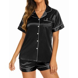 Ekouaer Silk Pajamas Womens Short Sleeve Sleepwear Soft Satin Button Down Loungewear 2 Piece Pjs Shorts Set Black