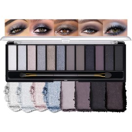 Kinretixia Lidschattenpalette mit 12 Farben in kühlen Tönen – Matt, Schimmer und Glitzer, Graublaues Augen-Make-up-Set Wasserfeste Palette mit hoher Pigmentierung