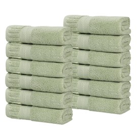 Superior Venice Zero Twist Cotton Medium Weight Small Towels, for Kitchen, Bathroom, Shower, Spa, Plush Essentials, Ribbed Textured Border, Face Towels Washcloths, Set of 12, Green