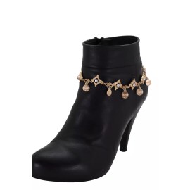 Women Gold Metal Chain Western Boot Cool Bracelet Shoe HAPPY Charm Wrap Around