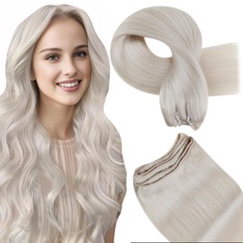 Hetto Real Hair Blonde Weft Extensions Real Hair for Sewing 55 cm 100 g #60 Natural Wefts Hair Extensions Real Hair White Blonde
